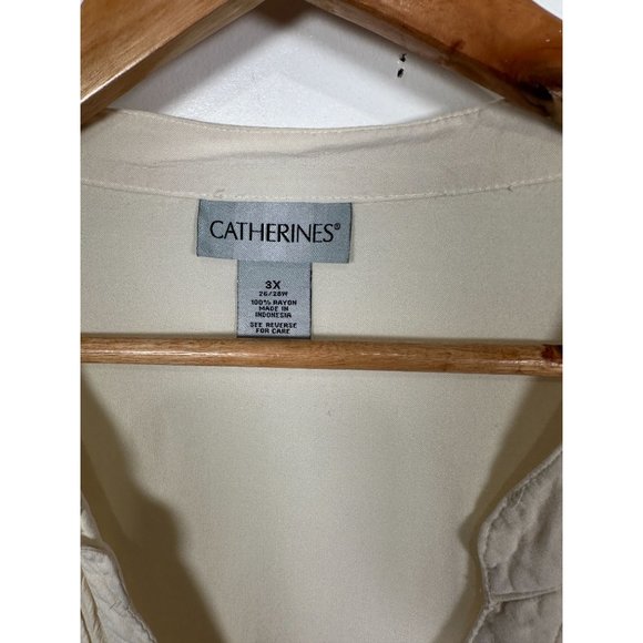 Catherines 3X Blouse Rayon Top Boho Button Down Relaxed Long Sleeve V-Neck Cream - Picture 3 of 12